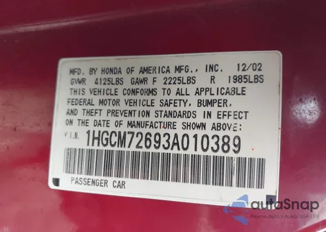 2003 Honda Accord 2.4 Ex из США, поврежденный, VIN 1HGCM72693A010389